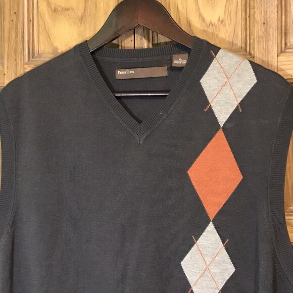 Perry Ellis Argyle Sweater Vest Men's XL Brown Diamond Print Preppy Pullover Top - Picture 3 of 8